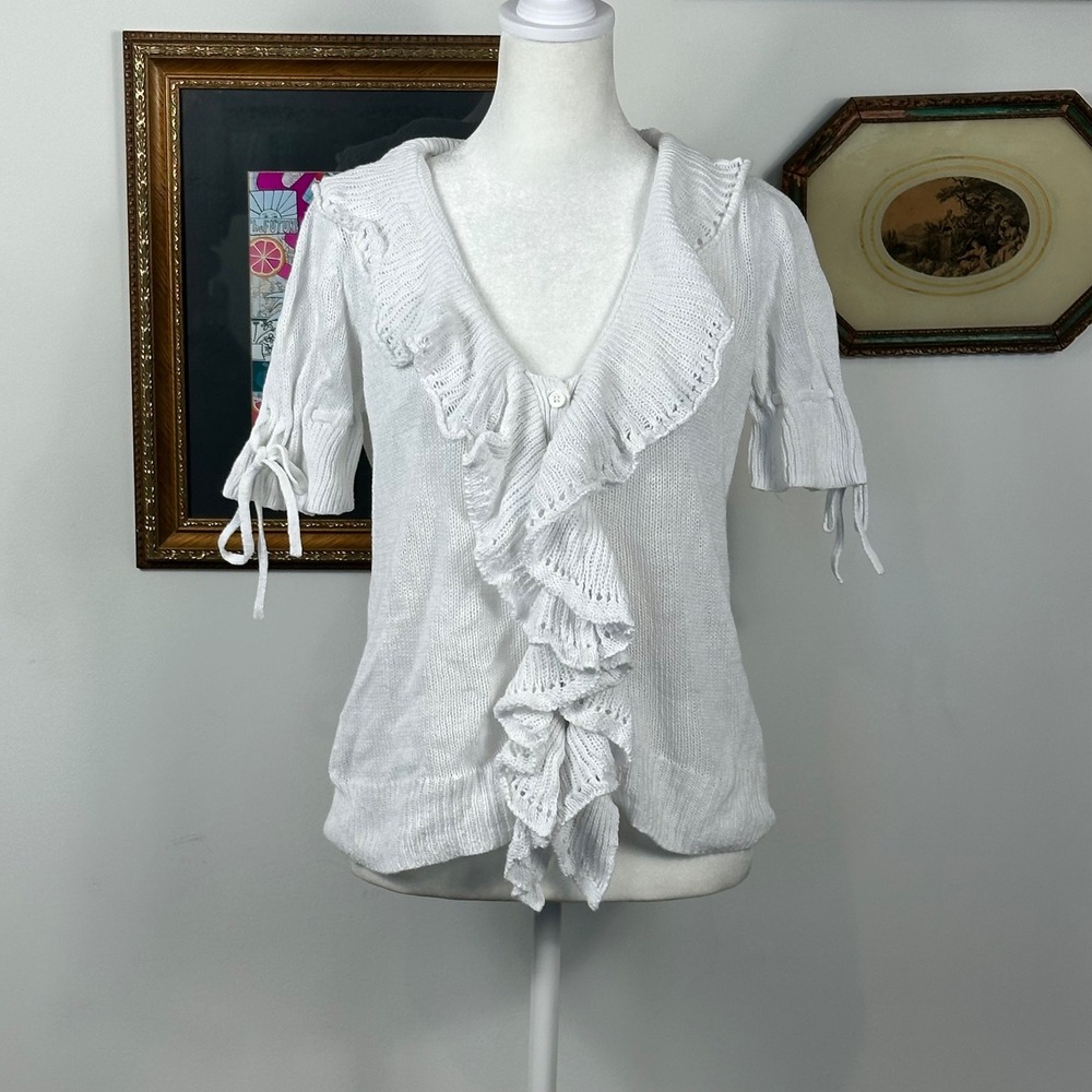 Jones New York White Knit Short Sleeve Cardigan - SIZE S Ruffle Linen Blend
